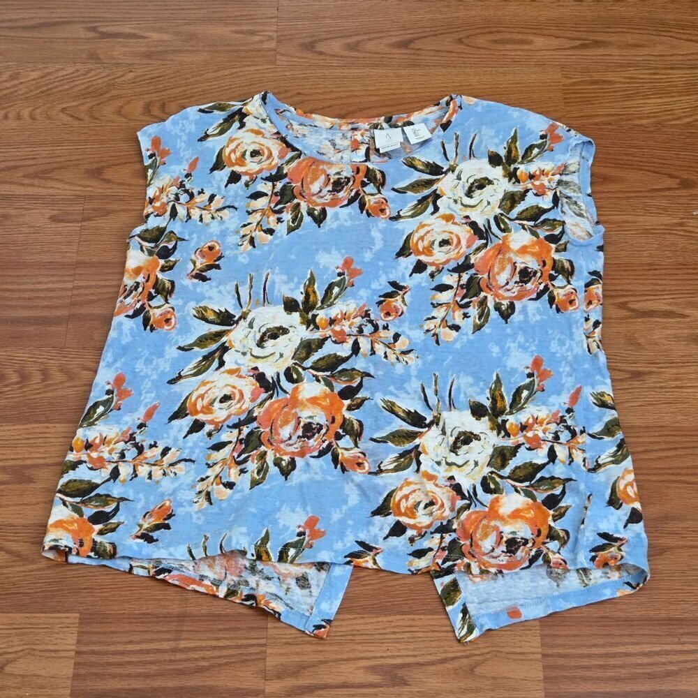 Joie Top Womens Large Blue Floral Linen Short Sleeve Casual Beachy Button Back